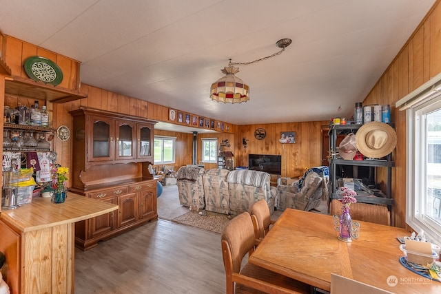 dining space with wood walls and plenty of natural light