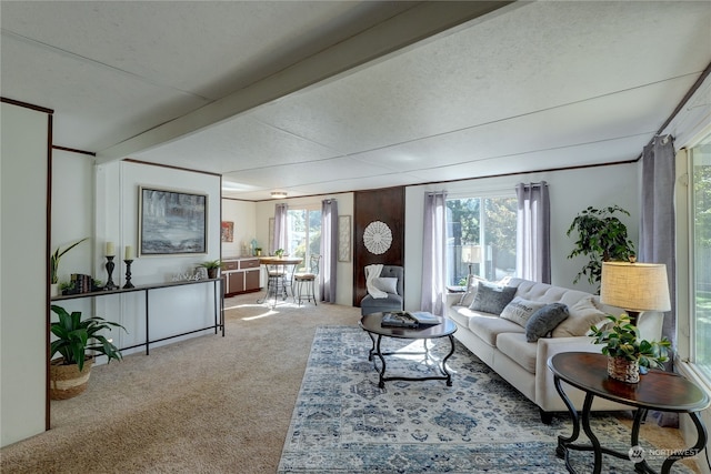 carpeted living room featuring a textured ceiling and beamed ceiling