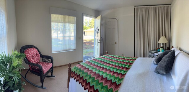 bedroom featuring access to exterior, carpet, and baseboards