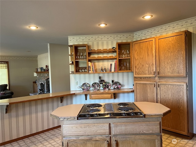 kitchen with stainless steel gas cooktop and a fireplace