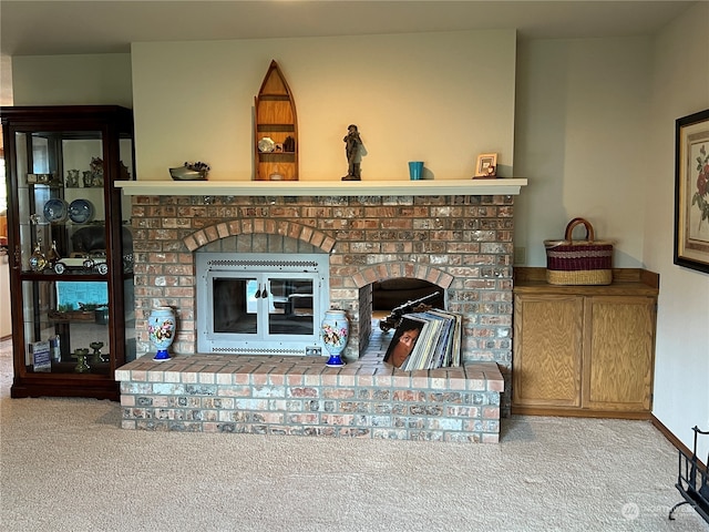 details with a fireplace and carpet floors