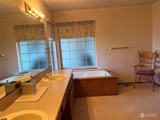 bathroom featuring vanity, ornamental molding, and a tub