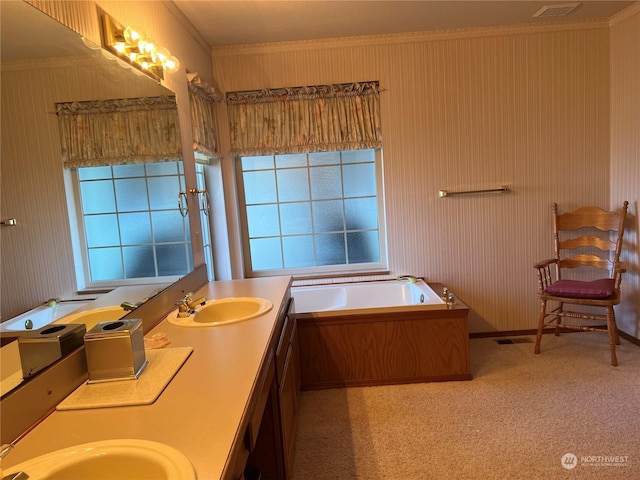 bathroom featuring ornamental molding, a garden tub, double vanity, and a sink