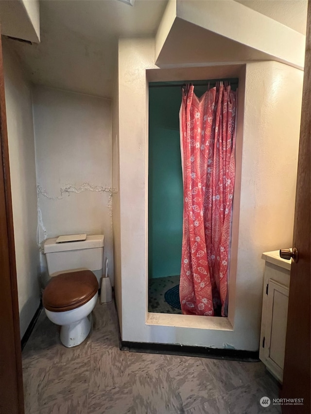 bathroom featuring vanity, toilet, and a shower with shower curtain