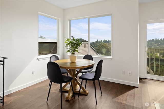 dining space with dark wood-type flooring and a wealth of natural light