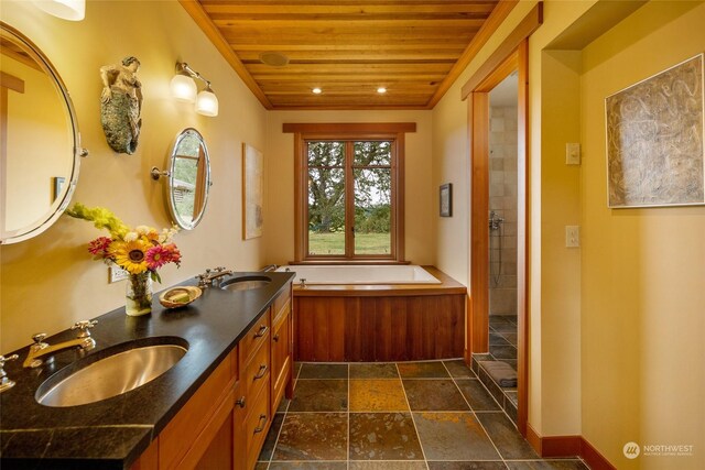 bathroom featuring a bath, wood ceiling, and vanity