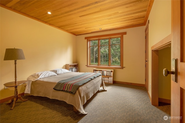 bedroom featuring wood ceiling, radiator, crown molding, and carpet floors