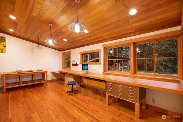 office space with built in desk, wooden ceiling, and light hardwood / wood-style flooring