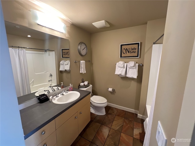 full bathroom with tile patterned flooring, toilet, shower / bathtub combination with curtain, and vanity