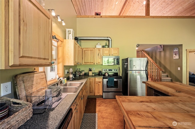 kitchen with sink, stainless steel appliances, butcher block counters, and wood ceiling