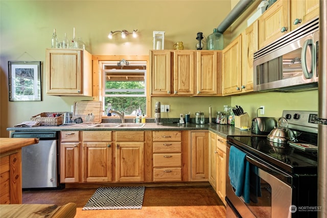 kitchen featuring appliances with stainless steel finishes, dark colored carpet, and sink