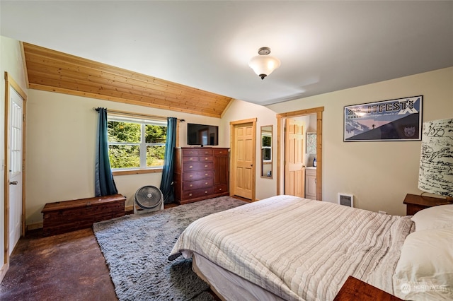 carpeted bedroom featuring wood ceiling and vaulted ceiling