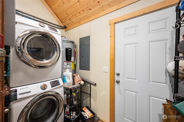 laundry area with stacked washer / drying machine, electric panel, and wood ceiling