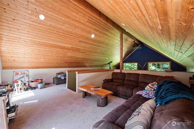 carpeted living room with lofted ceiling and wooden ceiling