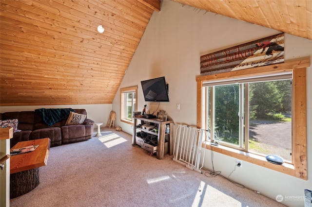 carpeted living room featuring high vaulted ceiling, plenty of natural light, and wood ceiling