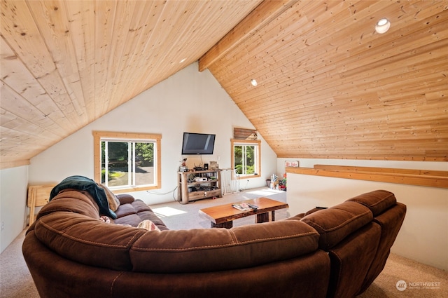 carpeted living room featuring wooden ceiling and lofted ceiling with beams