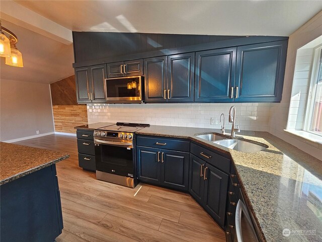 kitchen with light hardwood / wood-style floors, backsplash, sink, and stainless steel appliances