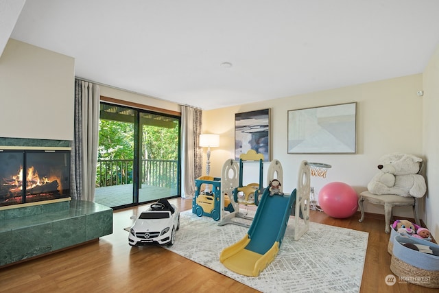 playroom featuring a fireplace and hardwood / wood-style floors