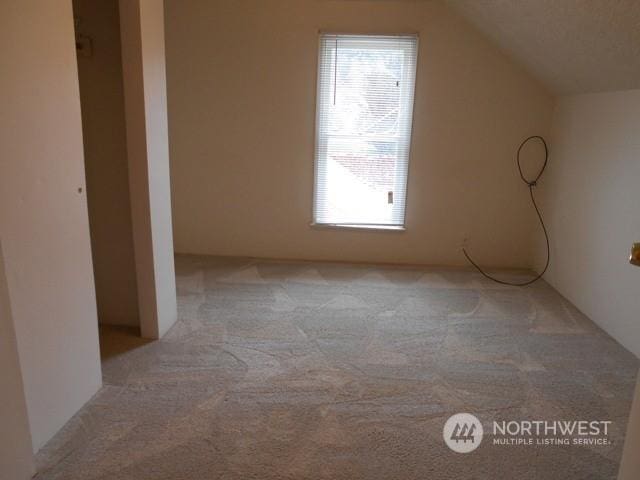 bonus room with lofted ceiling and carpet flooring