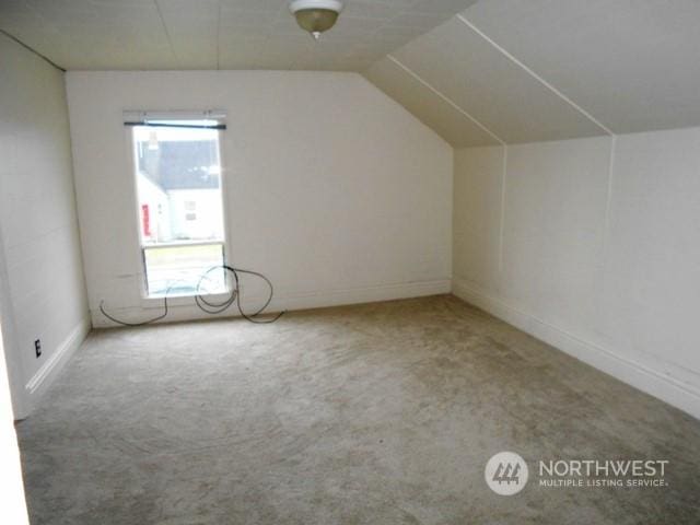 additional living space featuring lofted ceiling and carpet flooring