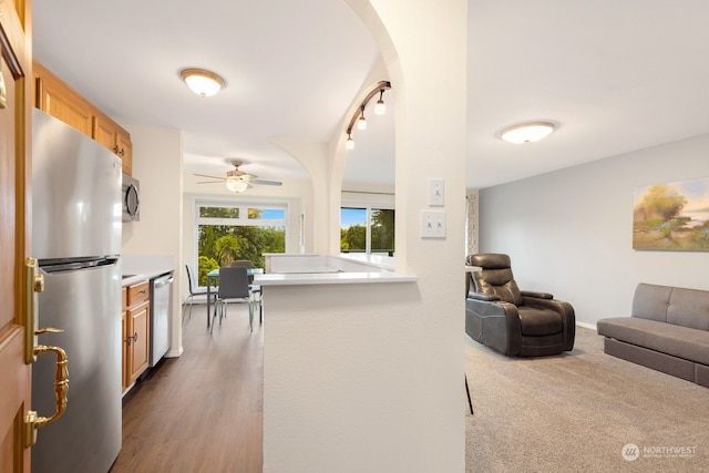 kitchen featuring ceiling fan, appliances with stainless steel finishes, and wood-type flooring