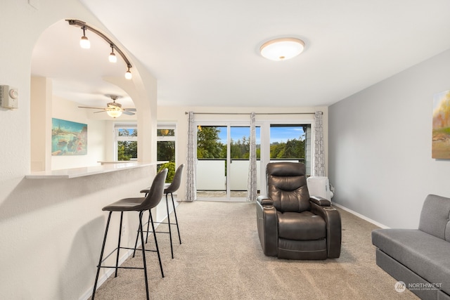 carpeted living room featuring a wealth of natural light and ceiling fan