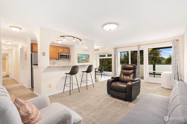 carpeted living room featuring sink