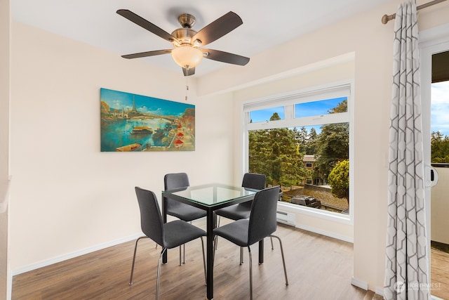 dining space featuring ceiling fan and light hardwood / wood-style floors