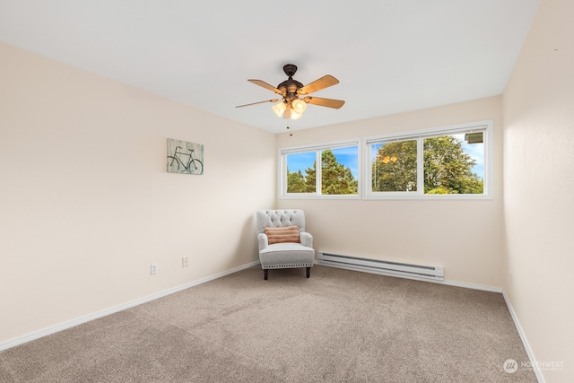 unfurnished room with ceiling fan, baseboard heating, and carpet flooring