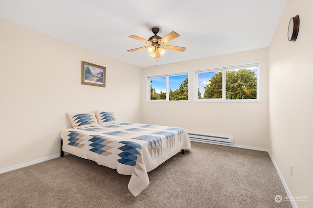 carpeted bedroom featuring ceiling fan and a baseboard heating unit