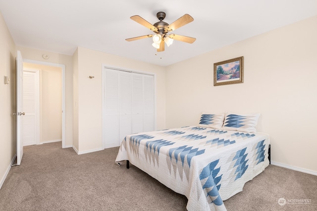 bedroom featuring a closet, ceiling fan, and light colored carpet