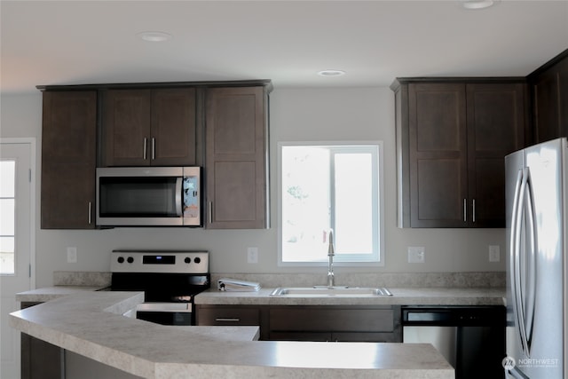 kitchen with sink, dark brown cabinetry, and appliances with stainless steel finishes