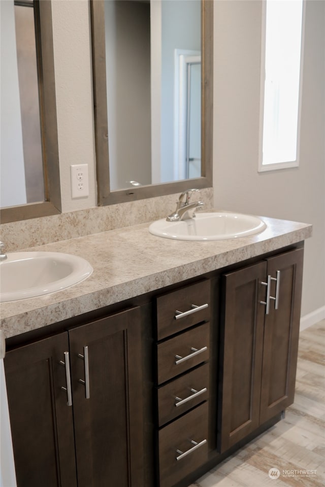 bathroom with vanity and hardwood / wood-style flooring