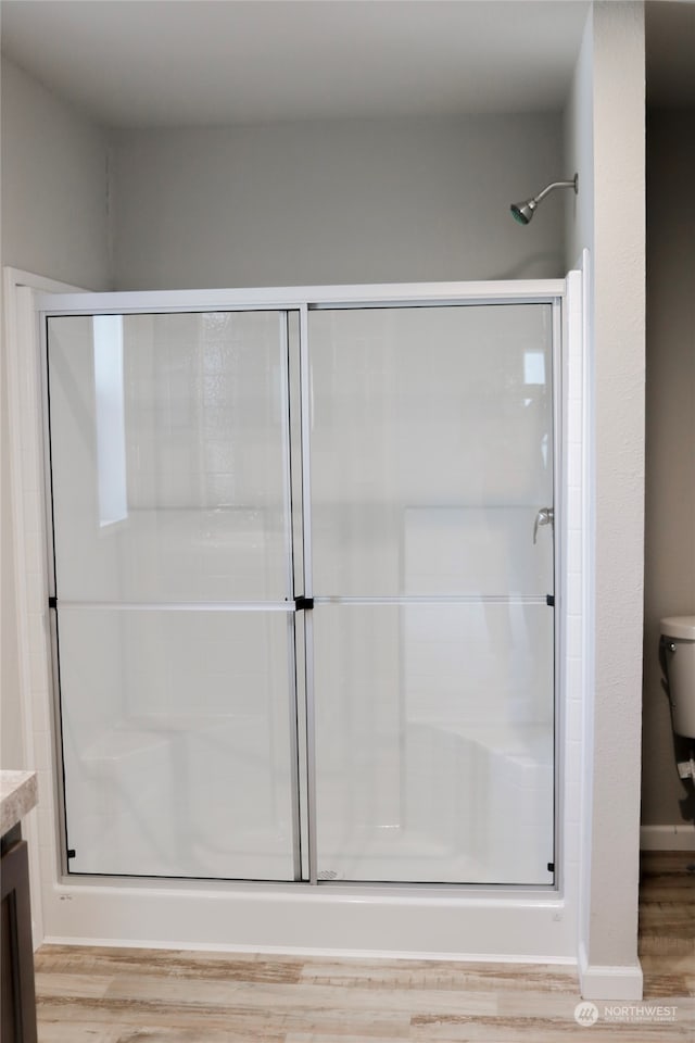 bathroom with a shower with shower door, wood-type flooring, toilet, and vanity