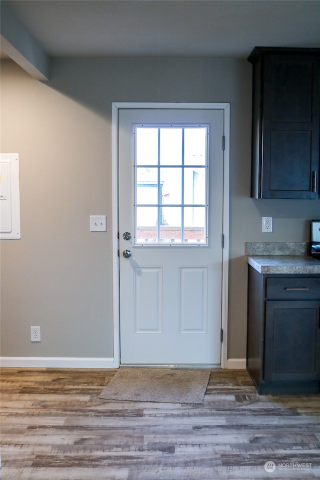 doorway with hardwood / wood-style flooring and electric panel