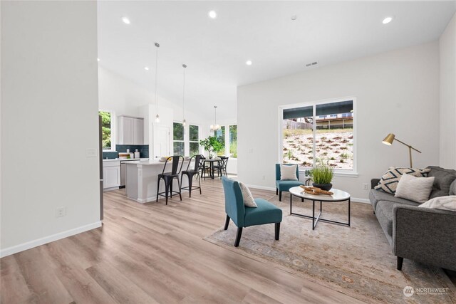 living room featuring a wealth of natural light, high vaulted ceiling, and light hardwood / wood-style flooring