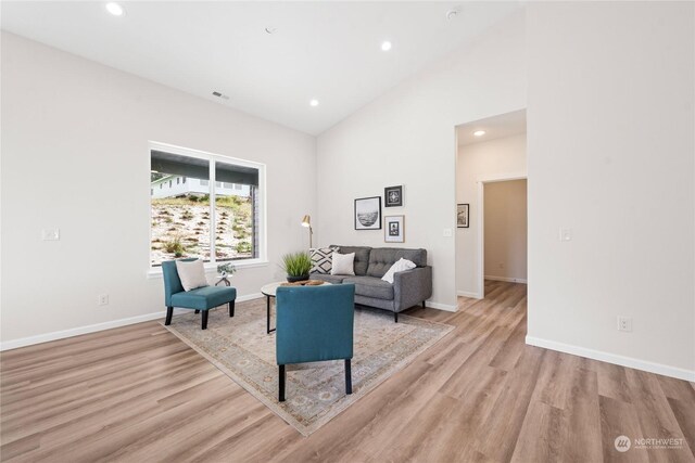 living room with high vaulted ceiling and light hardwood / wood-style flooring