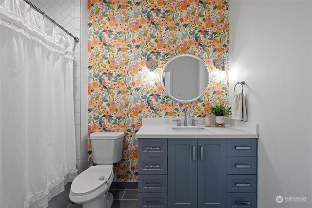 bathroom with tile patterned floors, walk in shower, vanity, and toilet