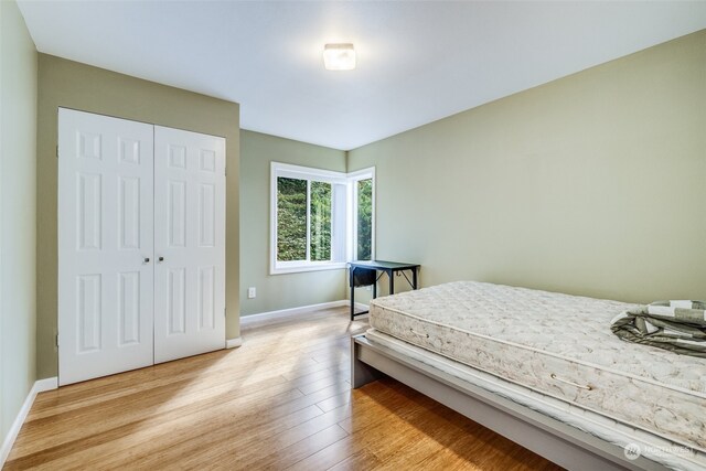 bedroom featuring light hardwood / wood-style floors and a closet