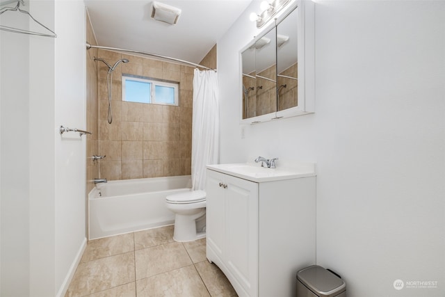 full bathroom with vanity, toilet, shower / bathtub combination with curtain, and tile patterned floors