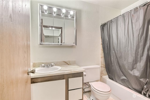 full bath with a textured wall, toilet, shower / bath combo with shower curtain, vanity, and tile patterned floors