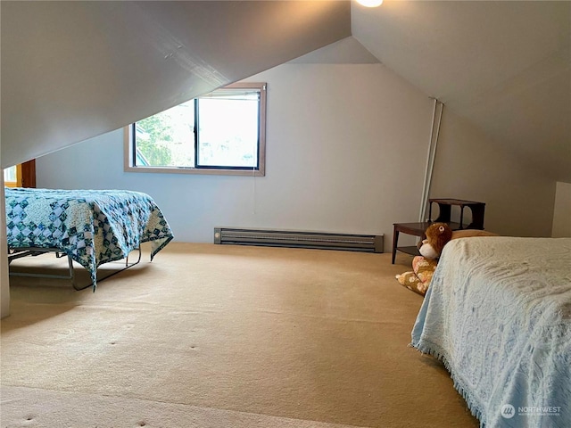 carpeted bedroom with vaulted ceiling and a baseboard radiator