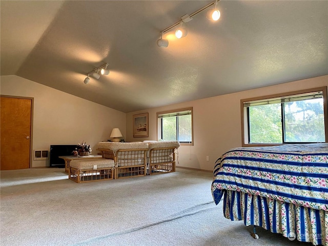 carpeted bedroom featuring lofted ceiling, a textured ceiling, and baseboards