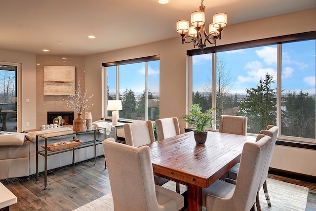 dining area with a chandelier, hardwood / wood-style floors, a large fireplace, and a healthy amount of sunlight