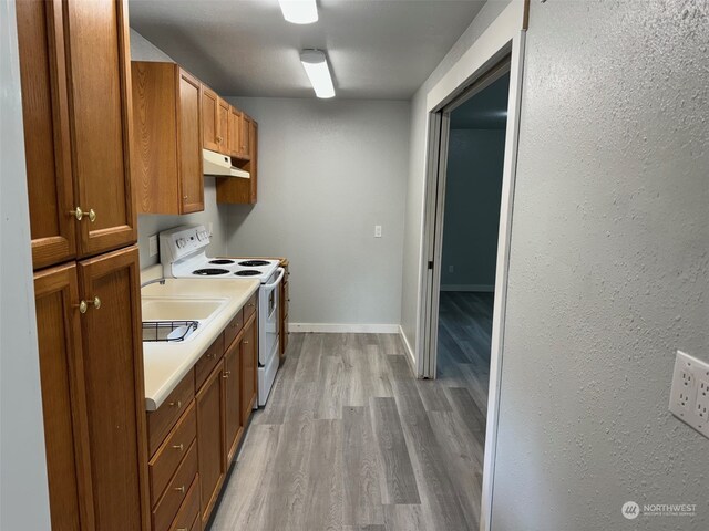 kitchen featuring light wood-type flooring and electric range