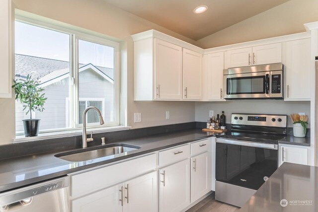 kitchen featuring stainless steel appliances, a healthy amount of sunlight, sink, white cabinets, and lofted ceiling