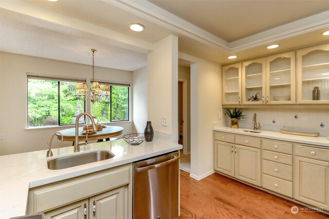 kitchen featuring light hardwood / wood-style floors, stainless steel dishwasher, sink, and tasteful backsplash