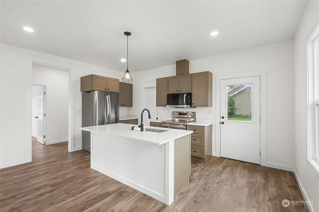 kitchen with appliances with stainless steel finishes, hanging light fixtures, wood-type flooring, a center island with sink, and sink