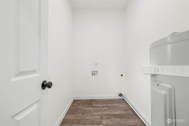 washroom with electric dryer hookup, hookup for a washing machine, and dark hardwood / wood-style flooring