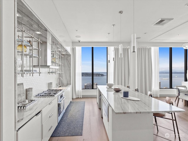 kitchen with visible vents, a water view, modern cabinets, white cabinetry, and stainless steel appliances